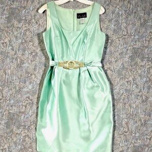 Alex Evenings Y2K Mint Green Satin Cocktail Dress Rhinestone Belt Sleeveless 10